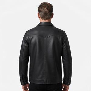 Custom <b>Men's</b> Genuine Lambskin Leather <b>Shirt</b> Jacket <b>Western</b> Style Snap Button Shacket Black Trucker Leather for <b>Men</b> - Product Image 4