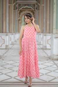 Robe courte imprimée à la main indienne pour femmes Robe d'été décontractée en coton Robe longue courte de style boho Tissu naturel à la taille - Product Image 3