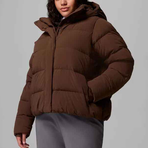 Chaqueta Acolchada Marrón para Mujer con Capucha, Manga Larga, Abrigo de Invierno, Relleno Grueso de Poliéster, Cierre de Cremallera, Corte Corto - Product Image 4
