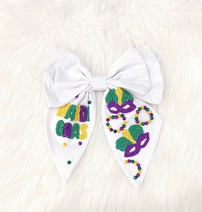 Export Quality New Beaded Fabric Mardi Gras Striped <b>Sequin</b> Hair Bow Clip Purple Green Gold Long Tail Festival Girls 2026 Carton - Product Image 3