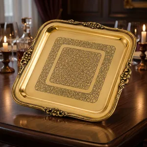 Bandeja de Servir Cuadrada de Latón Grabada a Mano, Plato Decorativo de Metal Dorado para Decoración de Mesa de Comedor, Presentación Tradicional - Product Image 6