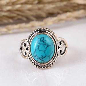 Bijou de mariage ethnique bohème en argent sterling 925, serti d'une pierre précieuse turquoise bleue ovale, style antique fait main, vintage - Product Image 1