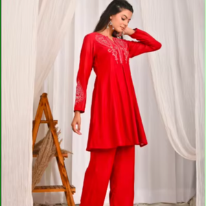 ชุดเซ็ต Saaj Sheesh Mahal Muh Chanderi สีแดง - Product Image 1