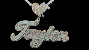 Hip-Hop exagerado gran letra grande diseño Baguette diamante dos tonos rosa y plata corazón fianza moissanita cadena colgantes collar - Product Image 4