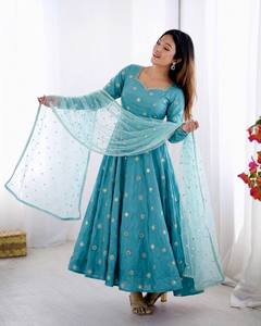 Ensemble de vêtements traditionnels indiens pakistanais pour femmes, Anarkali, brodé, long jusqu'au sol, bleu vert, Salwar Kameez avec Dupatta pour mariage - Product Image 2