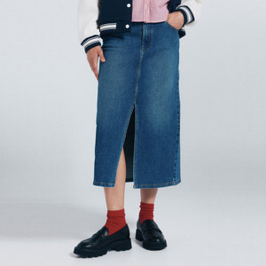Jupes midi en jean pour femmes de qualité supérieure, fabriquées par OEM, vente directe d'usine, poches personnalisées, finition délavée, détail taille, coupe trapèze - Product Image 1