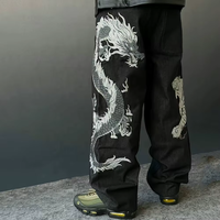 Pantalon cargo en denim brodé style chinois pour homme, coupe ample, taille mi-haute, en coton noir, idéal pour l'automne