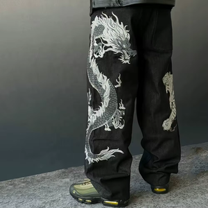 Pantalones Cargo de Mezclilla con Bordado de Dragón Estilo Chino para Hombre, Corte Holgado, Cintura Media, Algodón Negro, Ropa de Otoño - Product Image 1