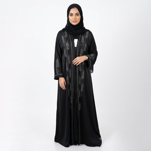 Abaya noire en satin pour femme, col montant, manches longues, longueur ras du sol, robe modeste, couleur unie, toutes saisons, tissu tissé - Product Image 1