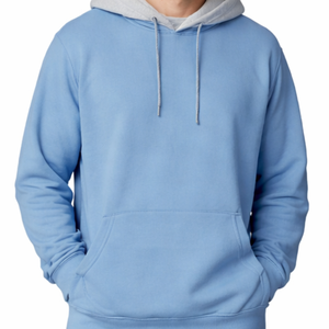 Sudadera con capucha para hombre de dos tonos, azul cielo con contraste gris jaspeado, estilo urbano, peso pesado, venta al por mayor personalizada - Product Image 3