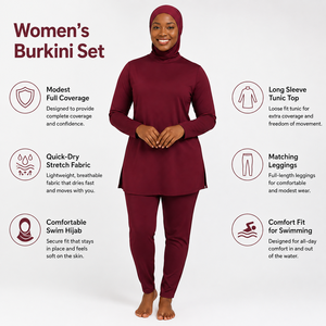 Ensemble Burkini Modeste Femme Décontracté Manches Longues Col Roulé Couleur Unie Bordeaux Séchage Rapide Spandex Polyester Couverture Complète Écologique - Product Image 6