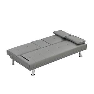 Divano Letto con Due Braccioli, Struttura in Legno, Gambe in Acciaio Inox, Futon in PVC Grigio, Arredamento Elegante per la Casa - Product Image 5