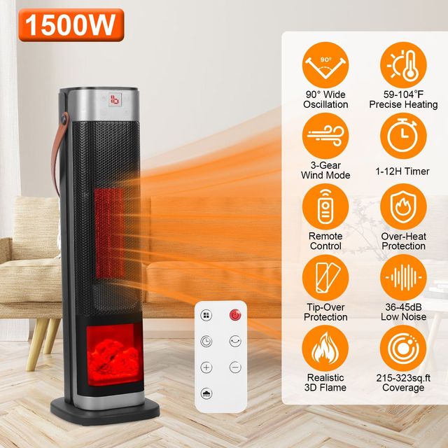 1500W Oscillating Ceramic Tower Space Heater Portable Electric Heater with 3 Wind Modes & 59-104F Heating Range
