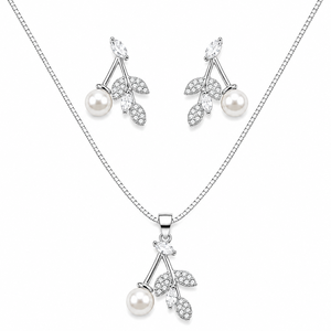 Ensemble collier et boucles d'oreilles élégants en argent sterling 925 avec perles et diamants pour femmes, bijoux de mariage et de fête - Product Image 1