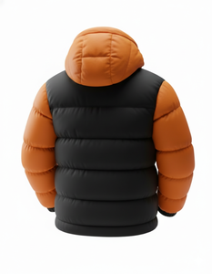 Blouson matelassé imperméable noir et orange pour homme, à capuche, chaud pour l'hiver, zippé, style streetwear, coupe ajustée, avec logo frontal - Product Image 3