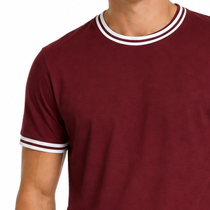 เสื้อยืดคอกลมผู้ชายขายดี สีแดงเบอร์กันดี ขาว ลายทางคู่ คอริบ แขนสั้น เสื้อสำหรับออกกำลังกาย - Product Image 3