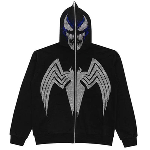 Sudadera con capucha de invierno con cremallera completa, diseño de armazón costalino, máscara facial de calavera, 100% algodón, estilo streetwear personalizado, esqueleto bordado para hombre, lavado a la piedra - Product Image 6