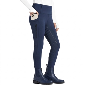 Pantalones de equitación de cintura alta para mujer con bolsillos con cremallera, largos, de punto azul liso, de spandex y poliéster - Product Image 1