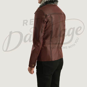 Veste en cuir marron pour homme de qualité supérieure avec col en fausse fourrure grise, coupe ajustée, vêtement d'extérieur chaud pour l'hiver, veste de motard élégante et décontractée - Product Image 6