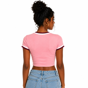 Premium Women's Pink <b>Crop</b> <b>Top</b> Short Sleeve Slim Fit Crew Neck Ringer T-Shirt Solid Color Casual Jersey Cotton Breathable - Product Image 5