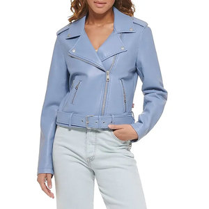 Blouson moto en cuir PU bleu clair pour femme avec fermeture éclair et ceinture à la taille, manches longues, col ouvert, style automne - Product Image 2
