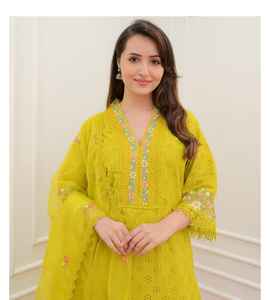 ชุดคุर्ตาผ้าฝ้ายปักลายดีไซน์พิเศษ พร้อมกางเกงทรงตรง และผ้าคลุมไหล่ผ้าออร์แกนซ่า - Product Image 3