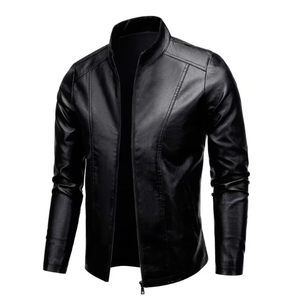 Veste en similicuir PU noir pour homme, coupe slim, zippée, style motard, coupe-vent, respirante, pour l'hiver, streetwear et décontracté - Product Image 1