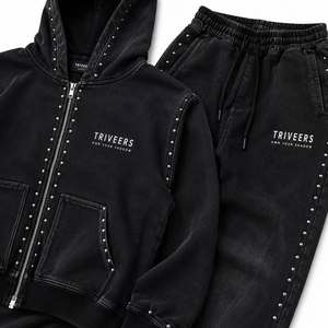 2026 Triveers Custom Oversized Rhinestone Tracksuits Baggy Style Acid Washed Zip up Hoodie and Sweatpants Set For Men's - Product Image 5