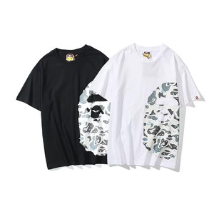 Camiseta Negra de Manga Corta con Cuello Redondo y Estampado de Cabeza de Mono Camuflado para Hombre, Estilo Urbano Holgado, 100% Algodón Jersey - Product Image 3