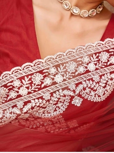 Sari en filet brodé couleur rouille KV avec blouse non cousue - Product Image 5
