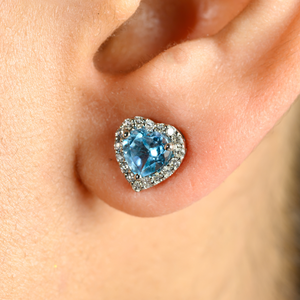 14K Gold Blue Topaz Heart Stud <b>Earrings</b> with Diamond Halo - Product Image 1