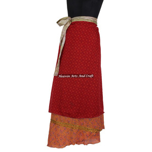 Adults Age Group Tight <b>Wrap</b> Around Skirt 2 Layer Reversible Magic Silk Saris <b>Wrap</b> Long Skirt <b>Sarong</b> Reversible Vintage Sari - Product Image 2