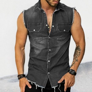 Chaleco vaquero sin mangas con solapa para hombre, blusa tipo cárdigan, venta al por mayor - Product Image 2