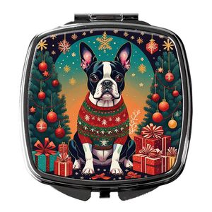 Women and Girls' Boston Terrier Christmas <b>Compact</b> Travel Makeup <b>Mirror</b> Pocket Folding Handheld Decorative Gift - Product Image 1