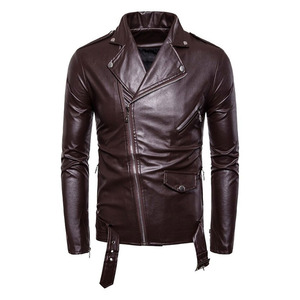 Veste en cuir de vache véritable marron pour homme, col rabattu, fermeture éclair, coupe classique, style motard, automne-hiver - Product Image 1