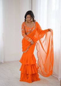 Sari élégant à volants en faux georgette avec des broderies et des paillettes très travaillées |   Sari tendance pour femmes, idéal pour les mariages et les soirées - Product Image 4