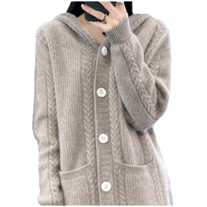 Women's ODM <b>Hooded</b> Long <b>Cardigan</b> Sweater Solid Color <b>Knitted</b> Button Front Standard Acrylic Winter Casual Full Sleeve Embroidery - Product Image 1