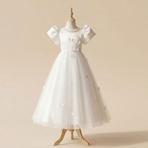 Vestido de niña de las flores Grace Ivory con cuello de perlas, mangas abullonadas, mariposas 3D hechas a mano, vestido de satén hasta la rodilla, estilo princesa para boda - Product Image 3