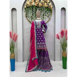 Ensemble de costume de soirée pour femme en tissu chiffon 100% polyester, taille XL, couleur violette, avec travail de broderie et de sequins - Product Image 5