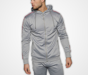 Conjunto Deportivo para Hombre, Sudadera con Capucha Gris, Corte Ajustado, Cierre de Cremallera, Diseño con Franjas Laterales, Ropa de Otoño - Product Image 4