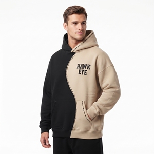 Sudadera con Capucha de Alta Calidad para Hombre, Diseño Color Block, Corte Holgado, Color Negro y Beige, Felpa Francesa, Informal, Personalizada con Pedrería - Product Image 6