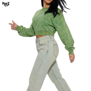 Vintage Mineral Wash Cropped Sweatshirt for Women's Custom Heavy Cotton French Terry Women's Hoodies Crewneck <b>Green</b> Spring Wear - Product Image 1