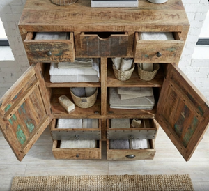 Grand meuble de rangement de style industriel antique en bois de récupération avec tiroirs et étagères réglables en bois de manguier massif, mobilier écologique - Product Image 4