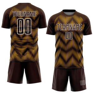 Maillot de football personnalisé sublimé, rayé marron et jaune, anti-transpiration, manches courtes, unisexe adulte, toutes saisons - Product Image 3