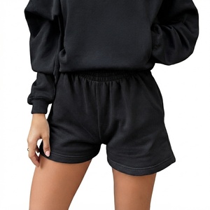 Shorts en molleton de coton noir pour femmes, taille élastique, coupe ample, style décontracté, couleur unie, respirant, tricoté, pour le jogging - Product Image 1