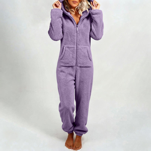 Pijama enterizo con capucha para mujer, de manga larga, color liso, de forro polar tejido, con cremallera, ropa cómoda para estar en casa, ropa de invierno - Product Image 5