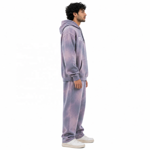 Ensemble de survêtement molletonné tie-dye pour hommes, sweat-shirt et pantalon décontractés oversize avec poche avant à logo, coupe régulière, fournisseur en gros - Product Image 2