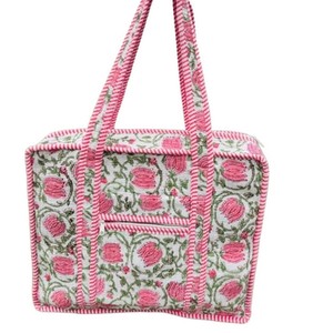 Everyday Bohemian Utility <b>Tote</b> <b>Bag</b> Open Closure Quilted Cotton Floral Hand Block Print Chains Ruffle Trim Shopping Travel <b>Work</b> - Product Image 2