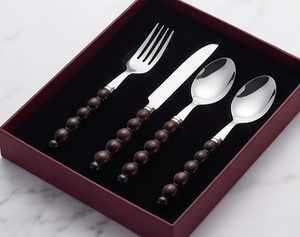 Ensemble de couverts modernes en acier inoxydable avec manches perlées en bois, vaisselle élégante pour la salle à manger et la cuisine - Product Image 6