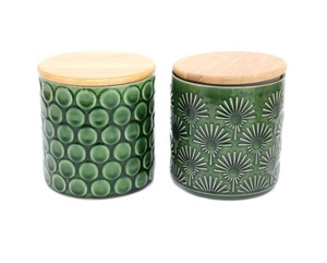 Decorative Ceramic Storage Canister <b>Bamboo</b> Lid Floral Embossed Airtight Kitchen Jar Elegant Counter Organizer Premium Style - Product Image 2